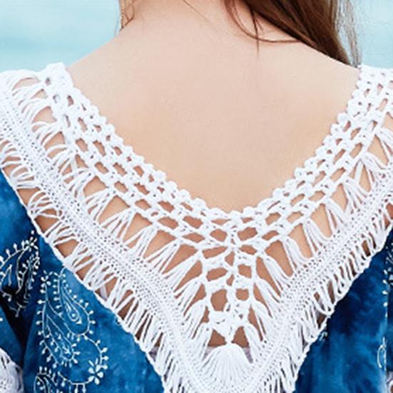 Rochie de plajă de vară Decupată Decolteu în V Franjuri lungi Potrivire de culori Mâneci trei sferturi Protecție solară Respirabilă Pulover Costum de baie Cover-up Îmbrăcăminte pentru femei