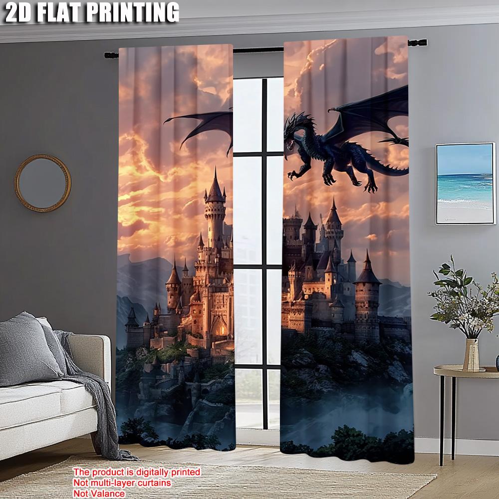 Set Of 2 Plane Printing Pattern Curtains Fantasy Dragon City Scene Versatile Durable Polyester Without Rod Festive Perfect Curtain