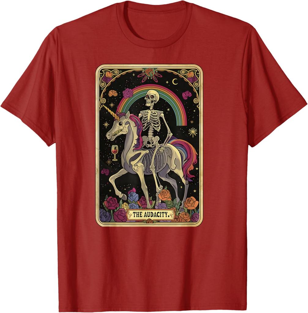 Skelett auf Einhorn reitend Tarot Die Kühnheit Grafik T-Shirt Lässiges Kurzarm Baumwoll-T-Shirt