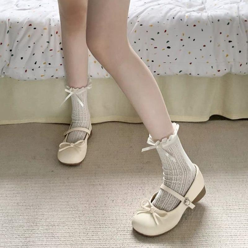 Mary Jane shoes summer new white round head light mouth thick heel with skirt bow cute single shoes