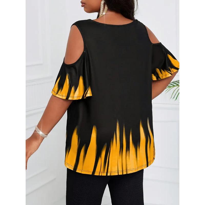 Plus Size Womens Short Sleeve Round Neck Off Shoulder Gradient Print T Shirt