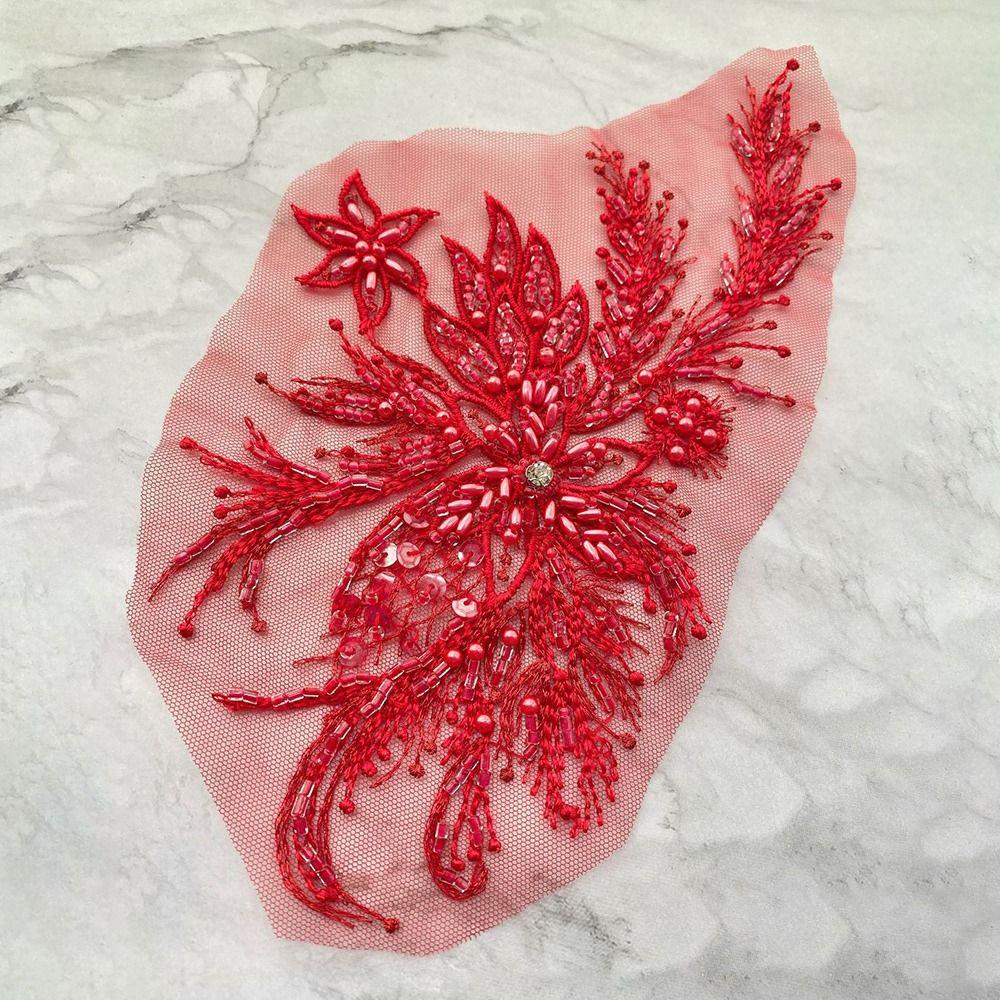 2Pcs DIY Flowers Mesh Embroidery Patch Sewing Repair Colored Beading Colored Lace Flower Applique Floral Embroidery Sewing Patch