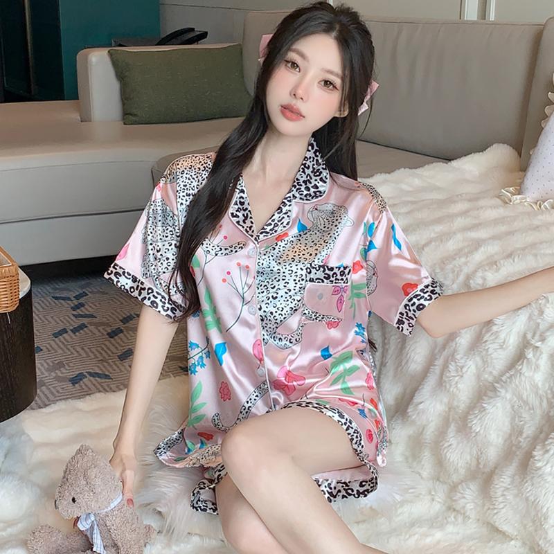 Fashion Elegant Luxury Satin Sleepwear Summer 2 Piece Women Set Short Sleeve Tops and Shorts Pajamas Woman Silk Cartoon Printing Pajama Set