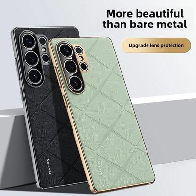 PU Leather Electroplated Bumper Luxury Vintage Phone Case For Samsung Galaxy S25 Ultra S24+ Plus Shockprooof Protective Cover