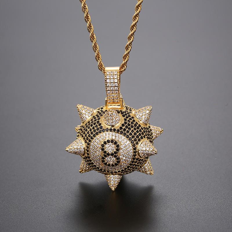 Copper Pendant Necklace With Full Zirconia Inlay Cartoon Black 8 Meteor Hammer Charm Hip Hop Trendy Ins Style Chain