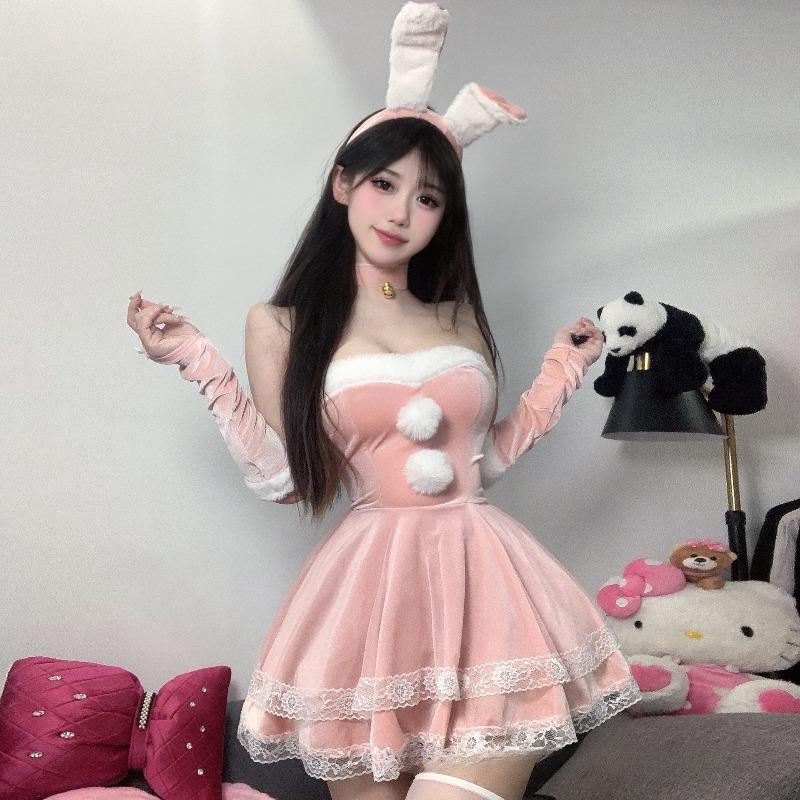 Sexy Lingerie New Velvet Strapless Lace Dress Sleeves Cute Bunny Girl Christmas Outfit Set Ball Cosplay Uniform Temptation