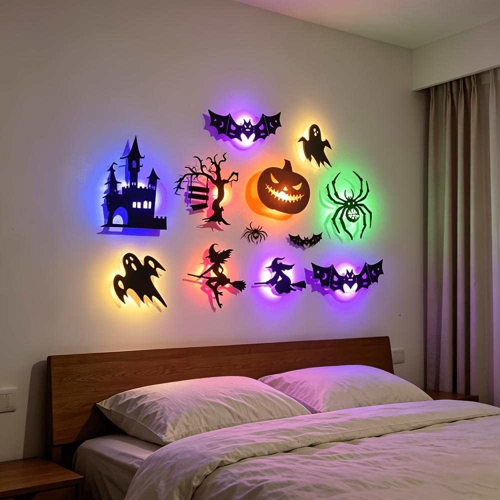 Halloween LED 3D Wall Stickers, PET Luminous Bat Pumpkin Spider Witch Castle Tree Night Light, Glowing Wall Decals for Room Window Garage Party
