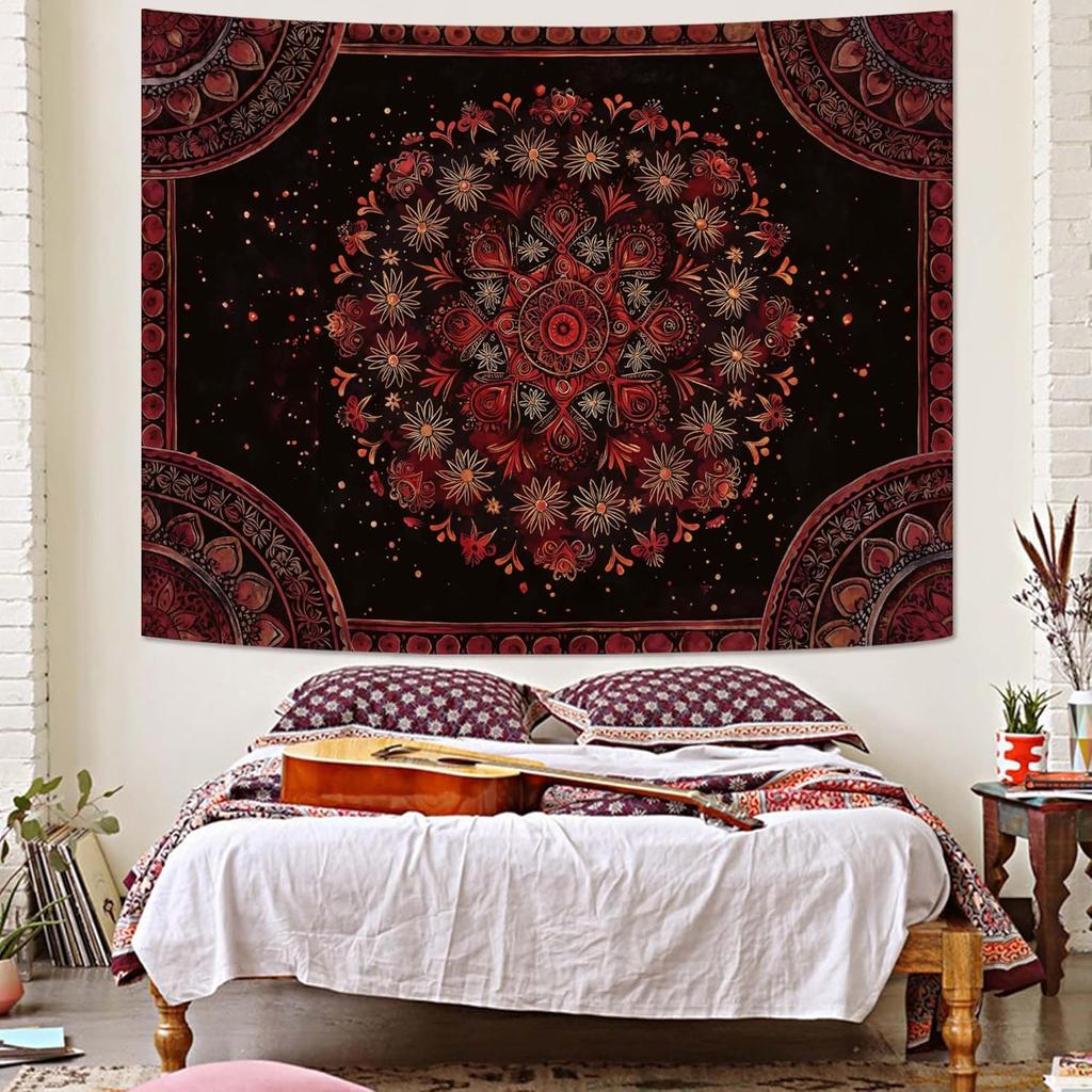 Boho Mandala Tapestry Wall Hanging Hippie Bohemian Floral Flower Medallion Tapestry Aesthetic Large Vintage Black Red Indian