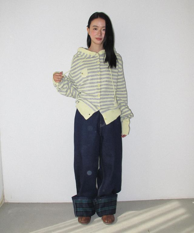 RONRON Mini Pocket Hooded Knit Cardigan Yellow Stripe