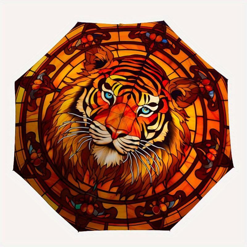 

1pc Tiger StainedGlass Automatic Open/close Folding Compact Umbrella, 8-Rib Sturdy Canopy, Lightweight Portable, Everyday Use, Gift, Outdoor Umbrella,