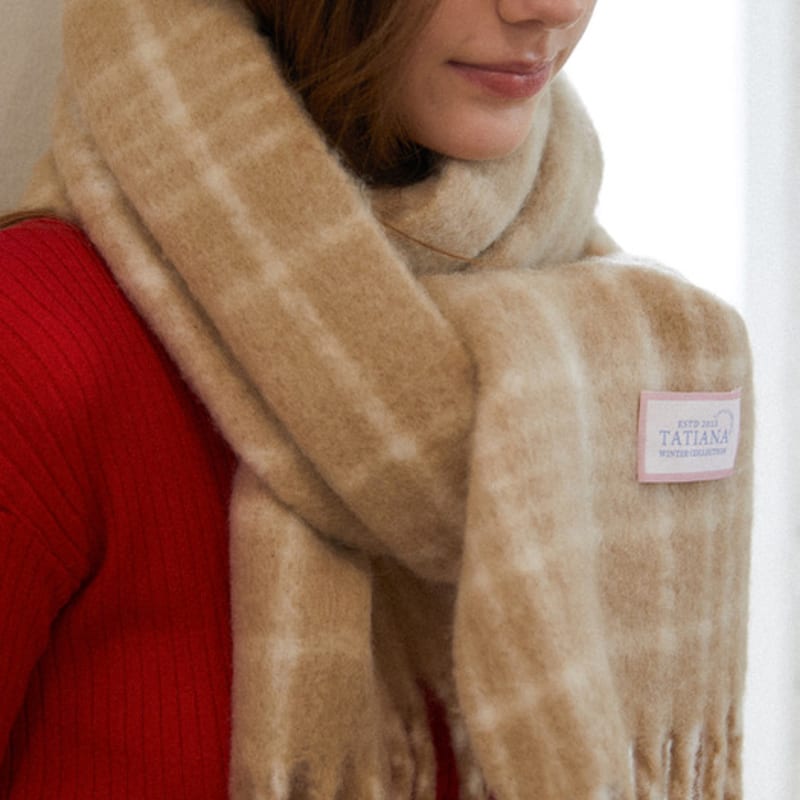 TATIANA Snug Checked Wool Blended Muffler MF8108 Beige