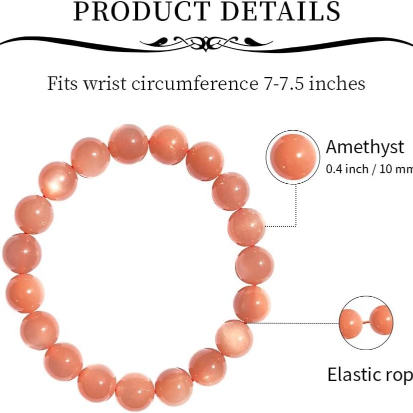 Natural Sunstone Feldspar Bracelet 10mm Beads for Men & Women, Jewelry Healing Elastic Bracelet To Enhance Temperament & Bring Good Luck