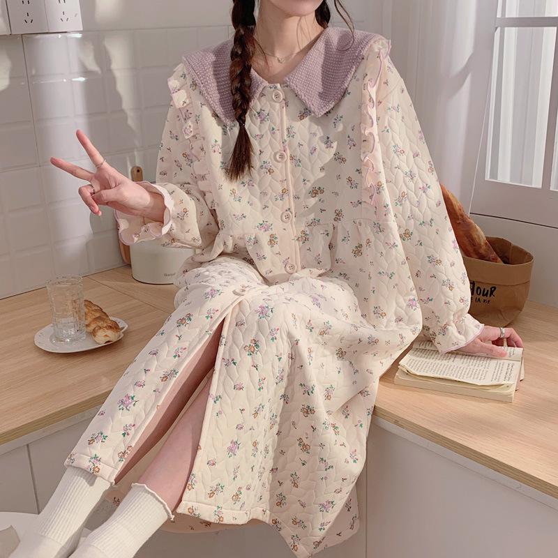 New Style Air Cotton Maternity Nursing Nightdress – Long Sleeve, Suitable for Autumn/Winter, Perfect for Postpartum/Breastfeeding