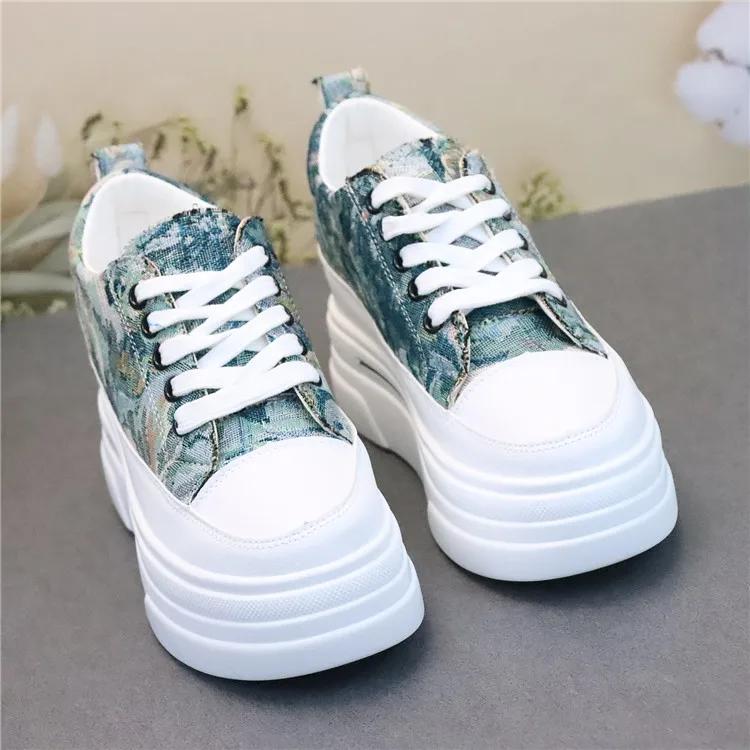 Fashion Genuine Leather 7cm Super Thick Sole Platform Women Shoes Chunky Sneakers Ins Women Vulcanized shoes Canvas shoes