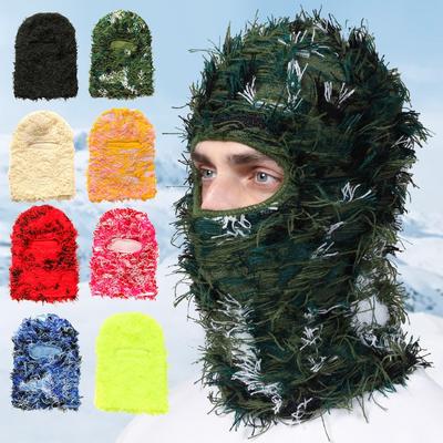  New Hip Hop Balaclava Distressed Knitted Caps Full Face Ski Mask Women Outdoor Camouflage Fuzzy Ski Balaclava Beanies Hat
