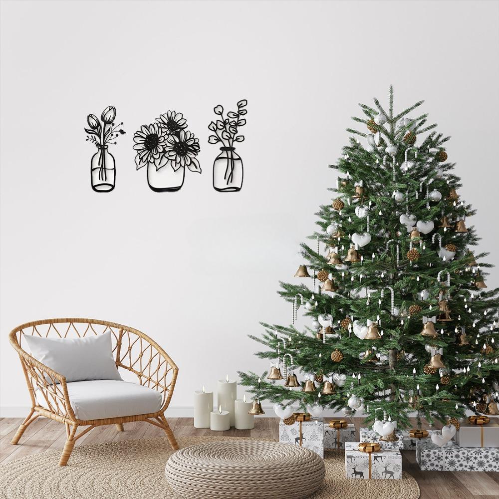 Metal Flower Wall Decor Simple Vase with Black Tulip Wire Art Elegant Flower Wall Sculpture for Kitchen Bathroom, Study, Porch
