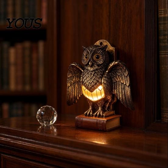 Small Bedside Lamp Table Night Light with Golden Owl, Farmhouse Retro Desk for Living Room Bedroom Office, Rustic Nightstand Reading Corner