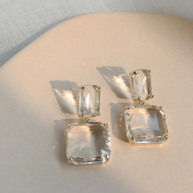 Vintage Transparent Square Glass Crystal Pendant Earring for Women Korean Fashion Zircon Wedding Party Elegance Accessories