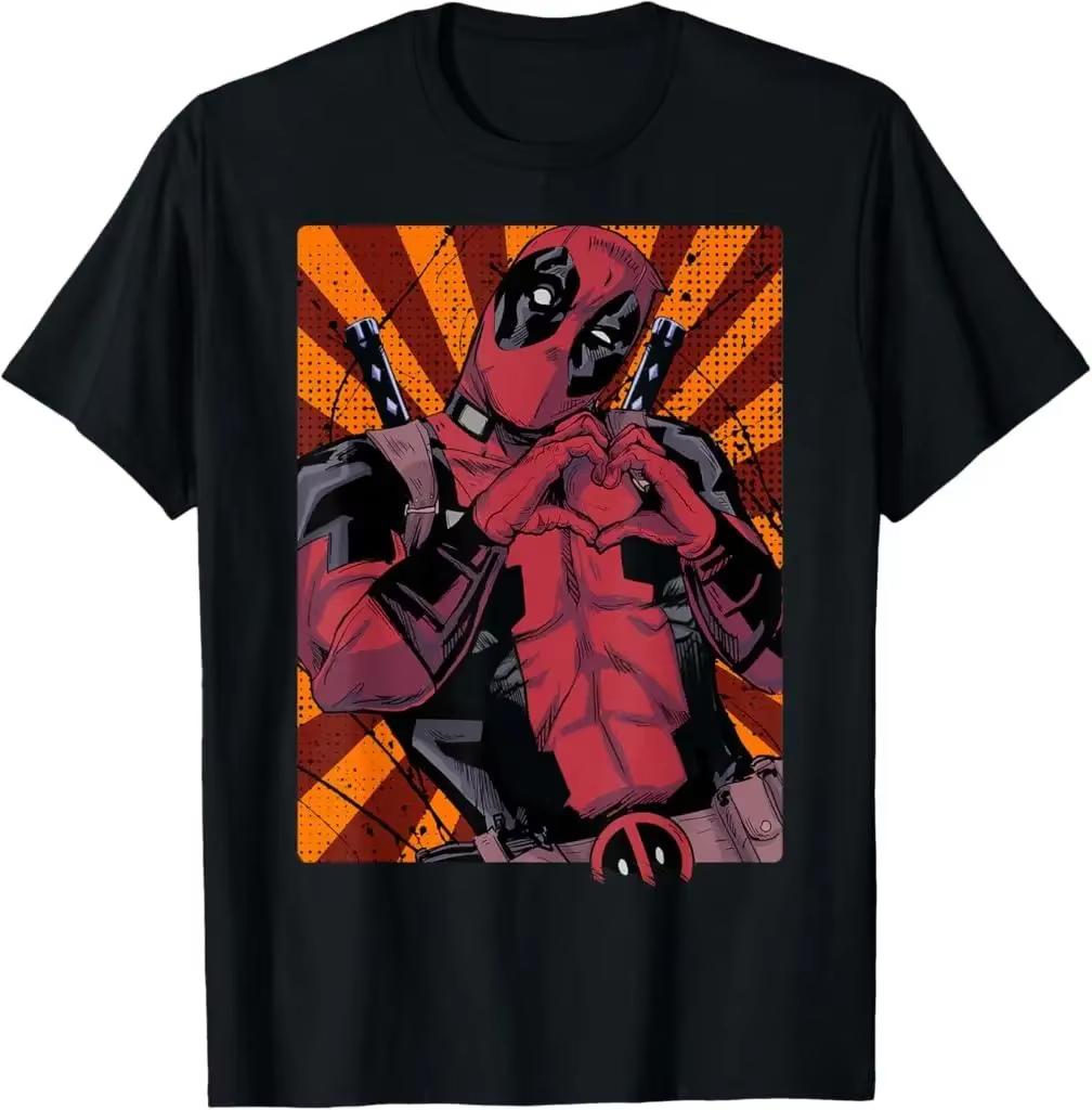 

2026 new Marvel Deadpool Love Hands Pattern Tshirt Black Pure Cotton Comic Art Design Soft and Comfortable M