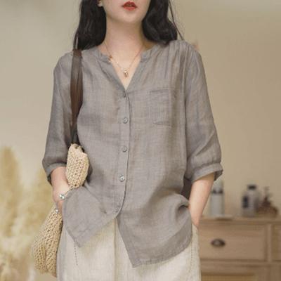 Lockeres Übergrößen Sommer Minimalistischer Stil Einfarbige V-Ausschnitt Köper Damen Fünf Zoll Mittellange Ärmel Hemd
