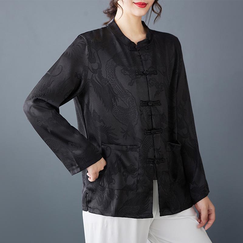 

Женский ретро китайский жаккардовый атласный костюм танзен с длинным рукавом для чая дзен L чёрный