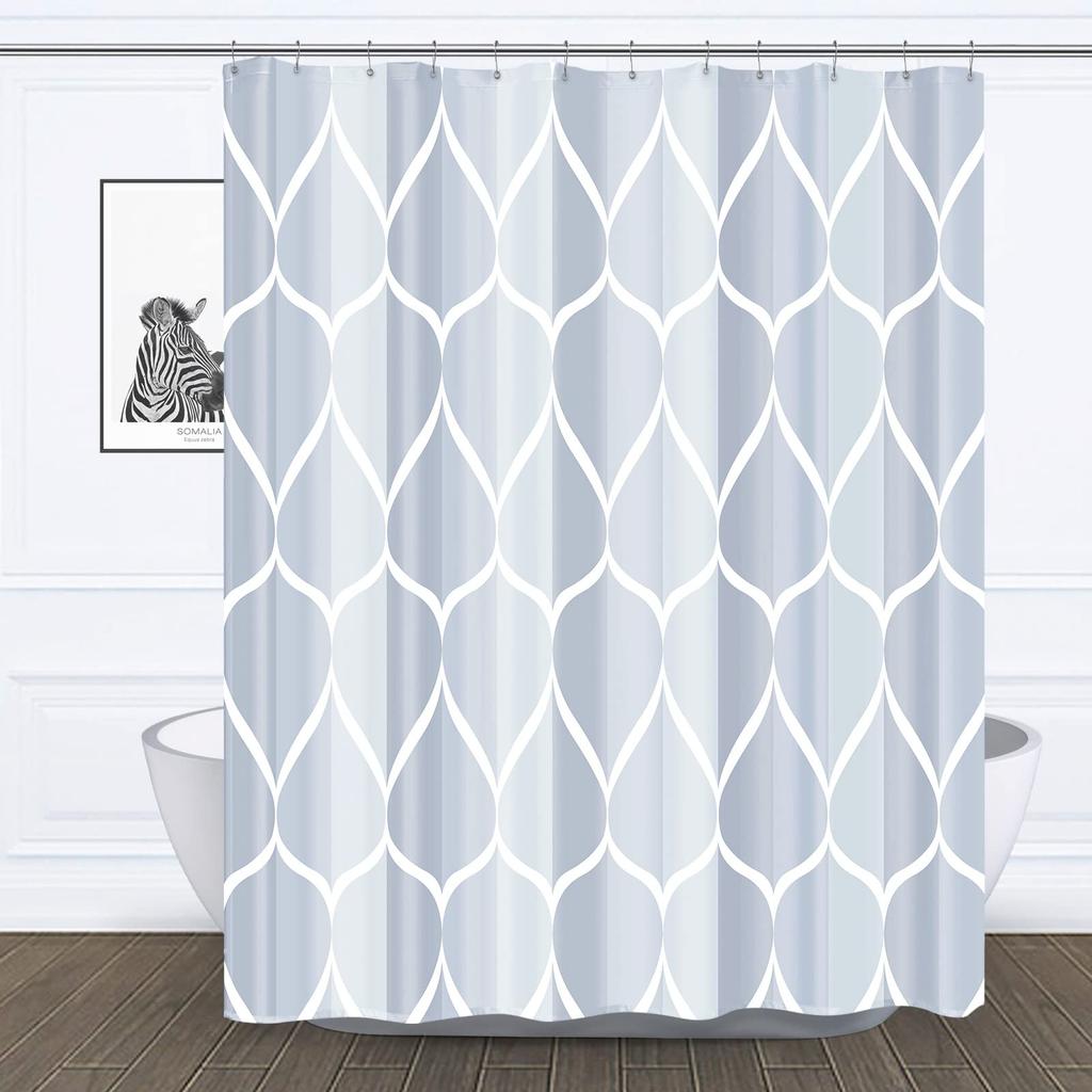 Aegean Blue Geometric Shower Curtain,Waterproof Polyester,Quick-Drying,Fabric Shower Curtains Set For Bathroom,Durable Washable