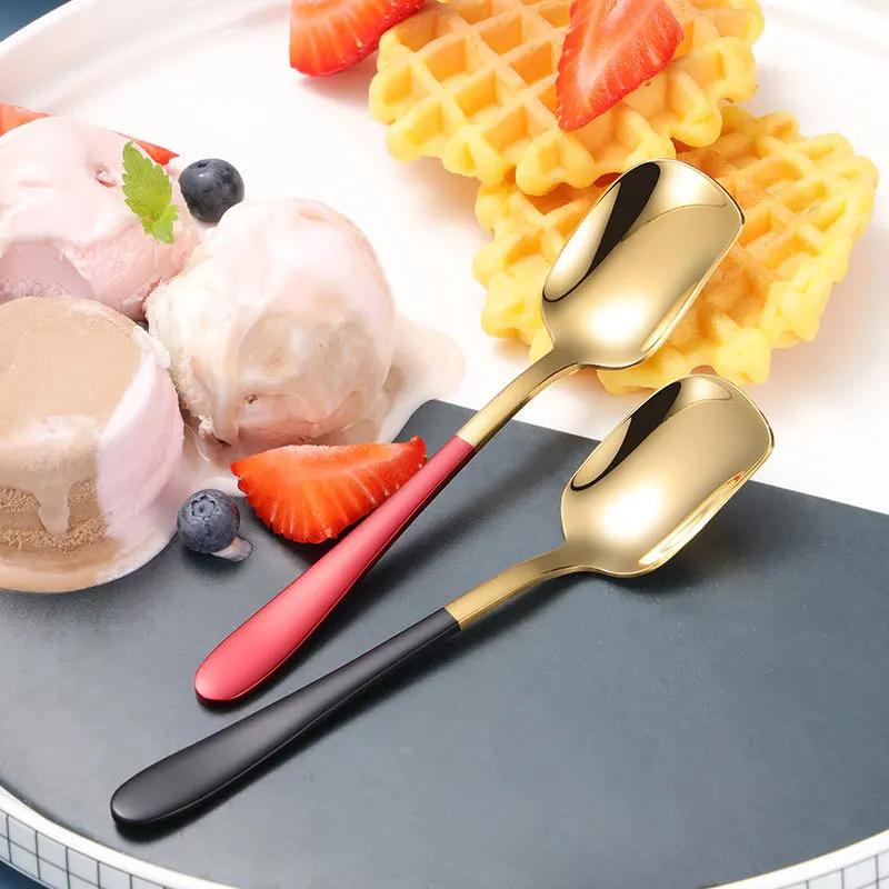 Stainless Steel Spoon Ice Cream Spoon Children's Titanium-plated Spray Paint Dessert Spoon Honey Stick  Kitchen Accessories