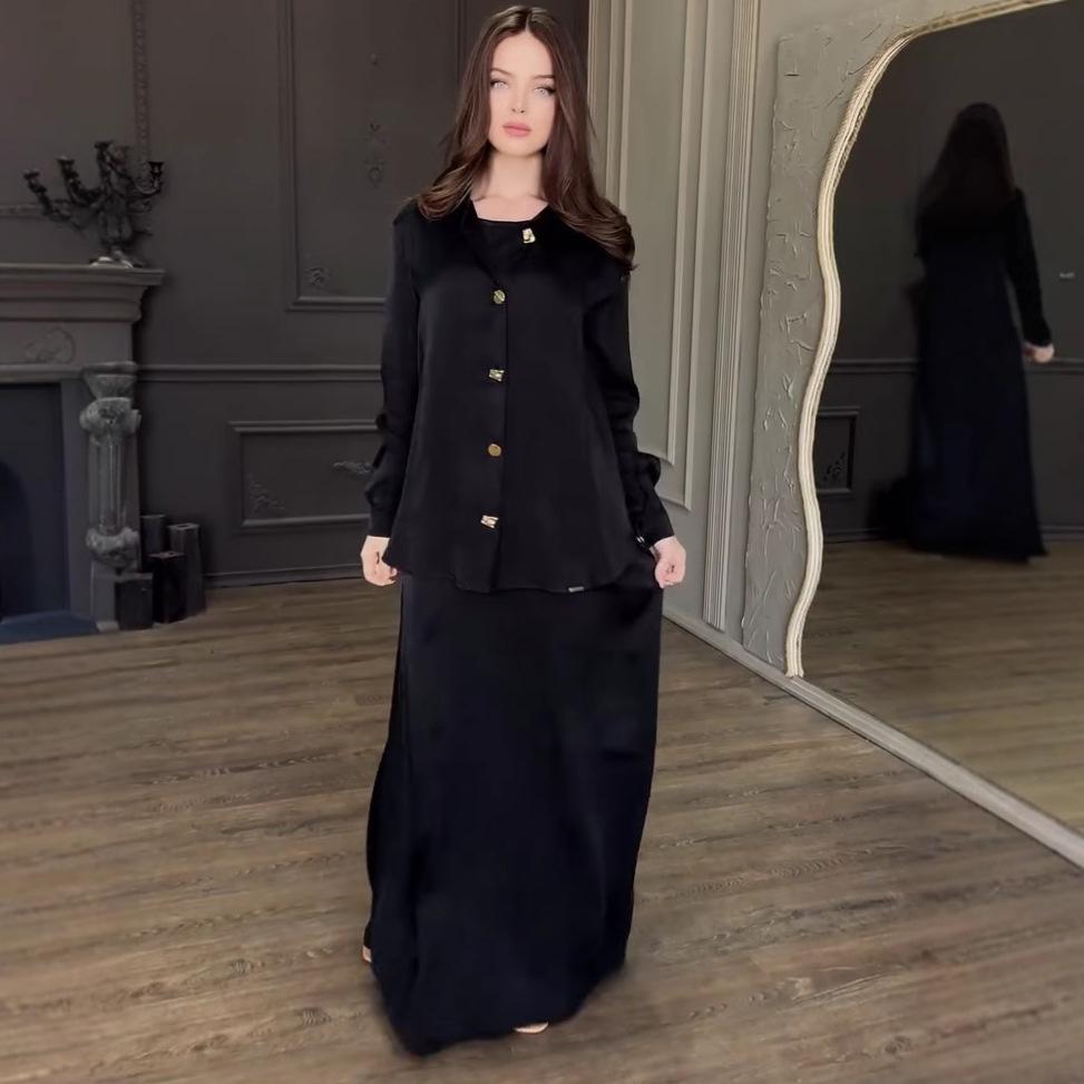 2025 Women's Cross-Border Button Cardigan & Slimming Long Dress Set