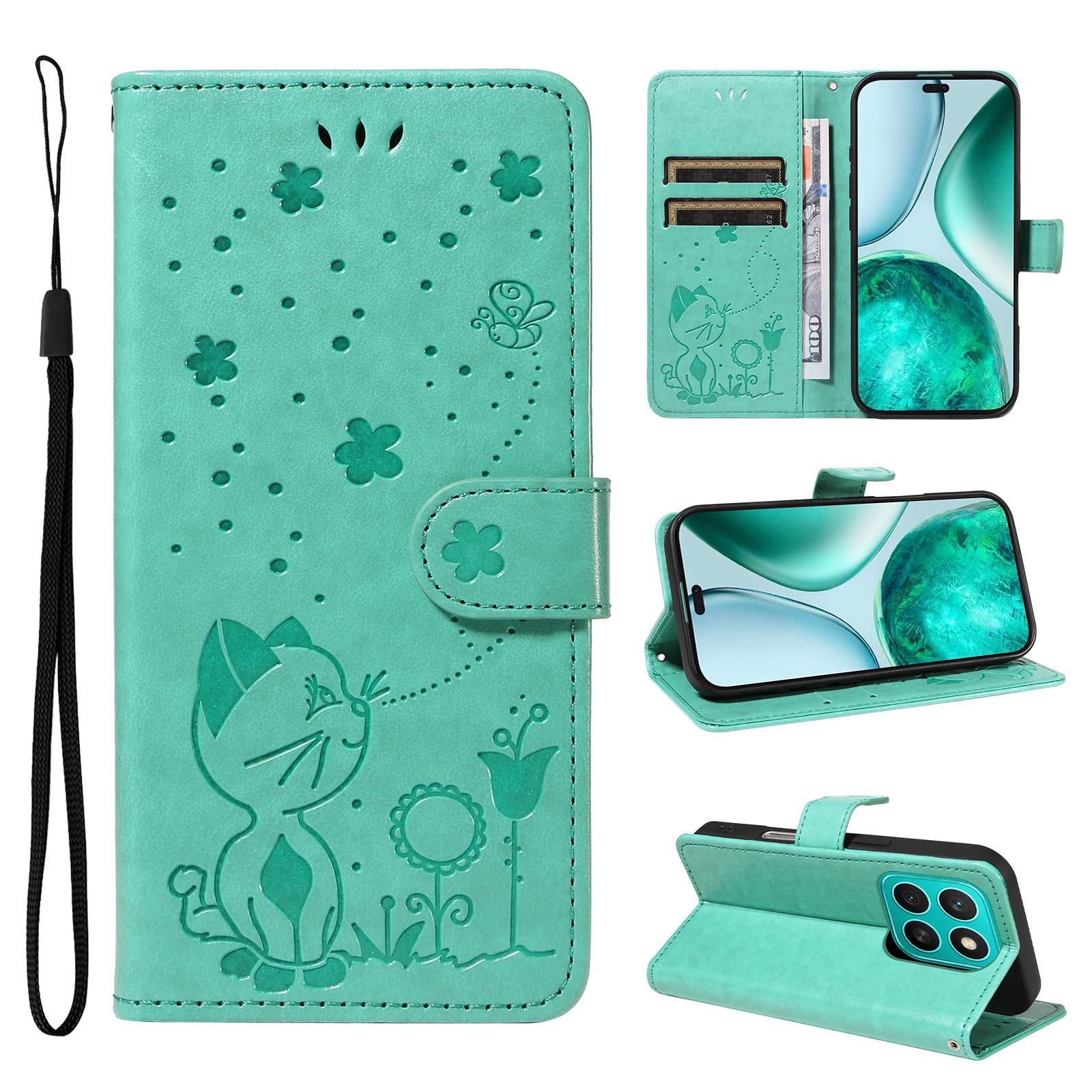 

For Honor X8c 4G Leather Wallet Case Cat Bee Pattern Phone Cover Stand Green