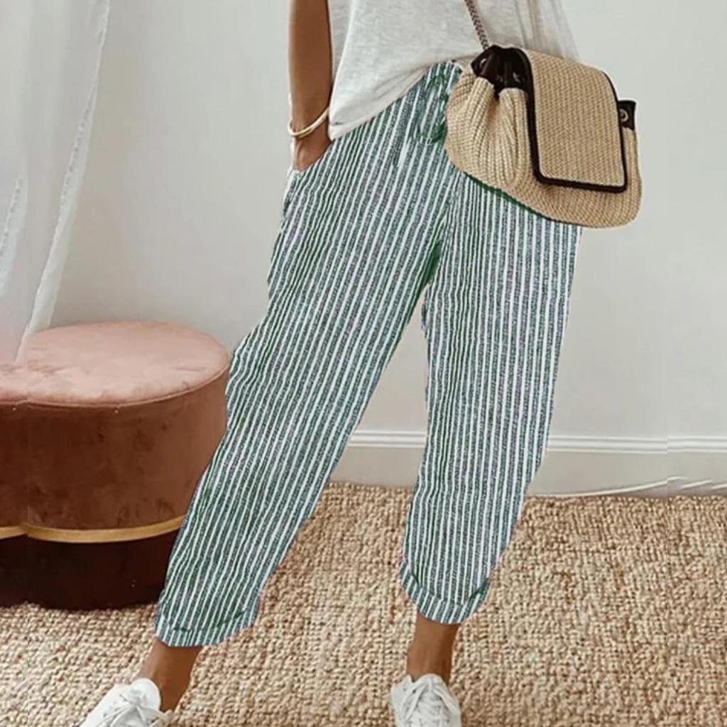 Ladies' Drawstring Striped Elastic Waistband Tied Casual Pants With Pockets