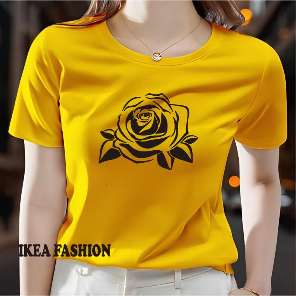 Ladies' Rose Printed T-shirt - Lightweight Polyester Short Sleeve Round Neck Top Machine Washable Spring, Summer, Autumn Casual Shirt