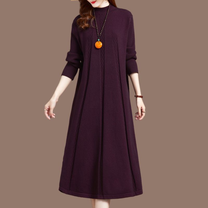 

Длинное трикотажное платье до колена для женщин на осень и зиму, однотонное, свободного кроя, больших размеров, платье-свитер, свитер с полувысоким горлом, платье А-силуэта XL фиолетовый