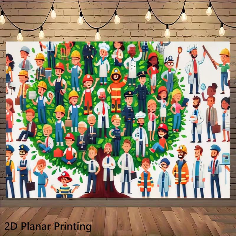 2D Career Exploration Backdrop, Various Occupations People Tree Background Cloth for Kids Learning Party 47.2x31.5inch/120*80cm