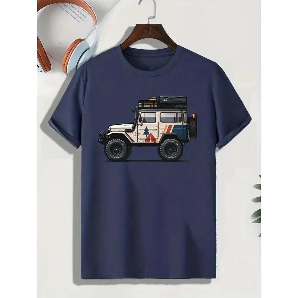 

Мужская стильная футболка с принтом машины - Удобная летняя одежда, Круглый вырез, Идеально подходит для повседневных прогулок и курортного отдыха XXXXXL темно-синий