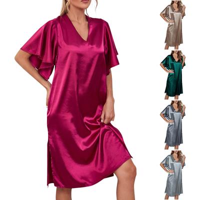 Kurzärmliges Nachthemd für Damen, bequemer Satin, V-Ausschnitt, einfarbig, für den Sommer, lockere Nachtwäsche in mittlerer Länge