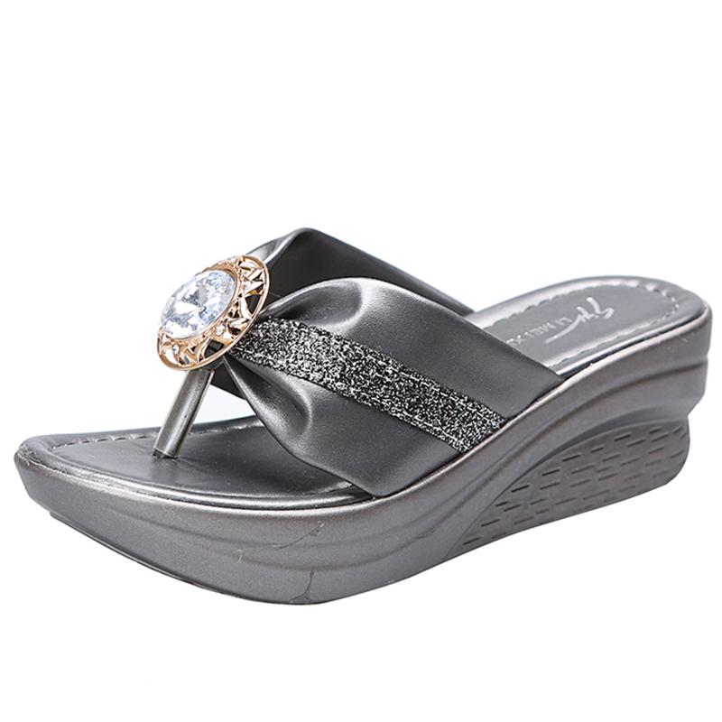 Lucyever Fashion Gold Wedges Slippers for Women 2024 Sequins Rhinestone Clip Toe Sandals Woman Summer Platform Slides Shoes