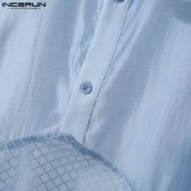 INCERUN Men Tie Lapel Neck Patchwork Hollow Buttons See Through Shirt Casual Long Sleeve Shirts