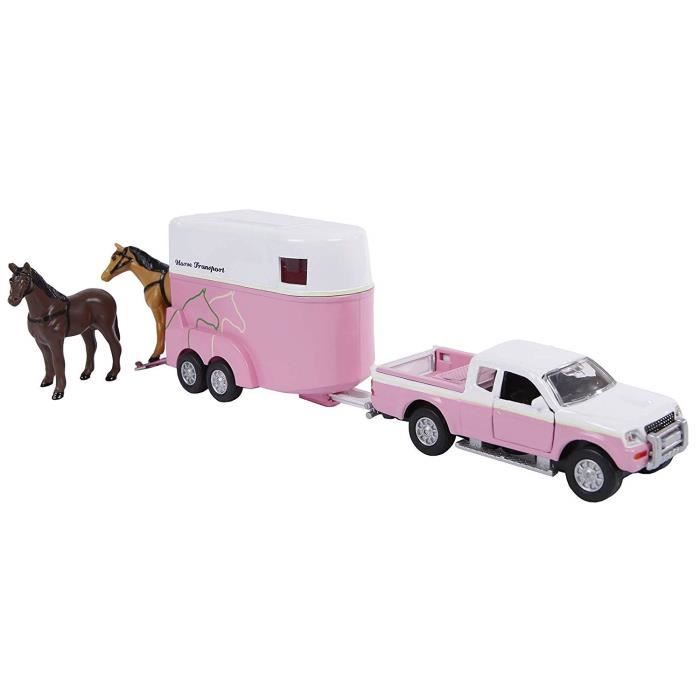 Toy horse car - kids globe - mitsubishi l 200 - pink/white - horse trailer - 27 cm bianco
