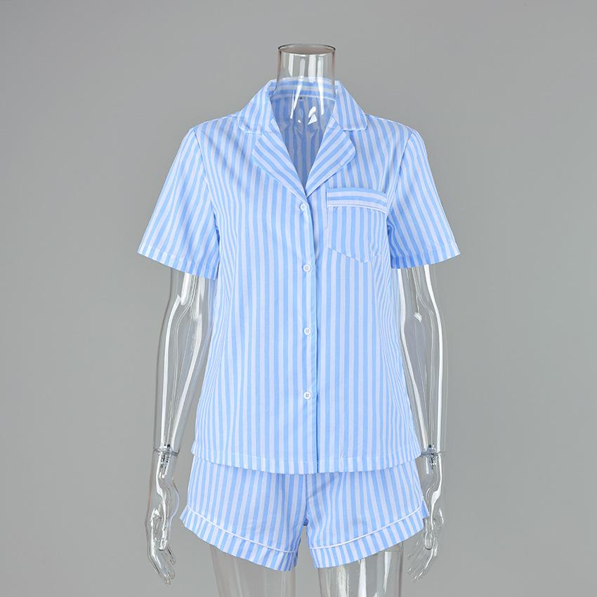 New European and American striped short-sleeved shorts pure cotton two-piece set soft and comfortable pajamas women's loungewear