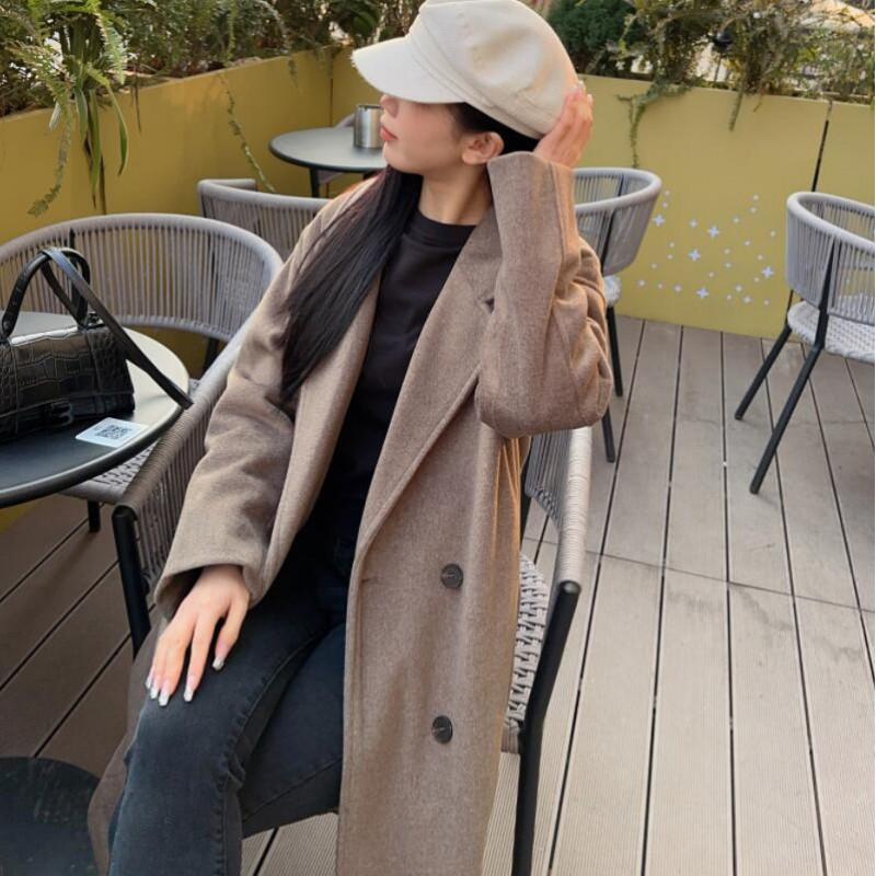 Womens Oatmeal Wool Blend Coat 2026 Winter Double-Breasted Loose Fit Longline Trench Outerwear