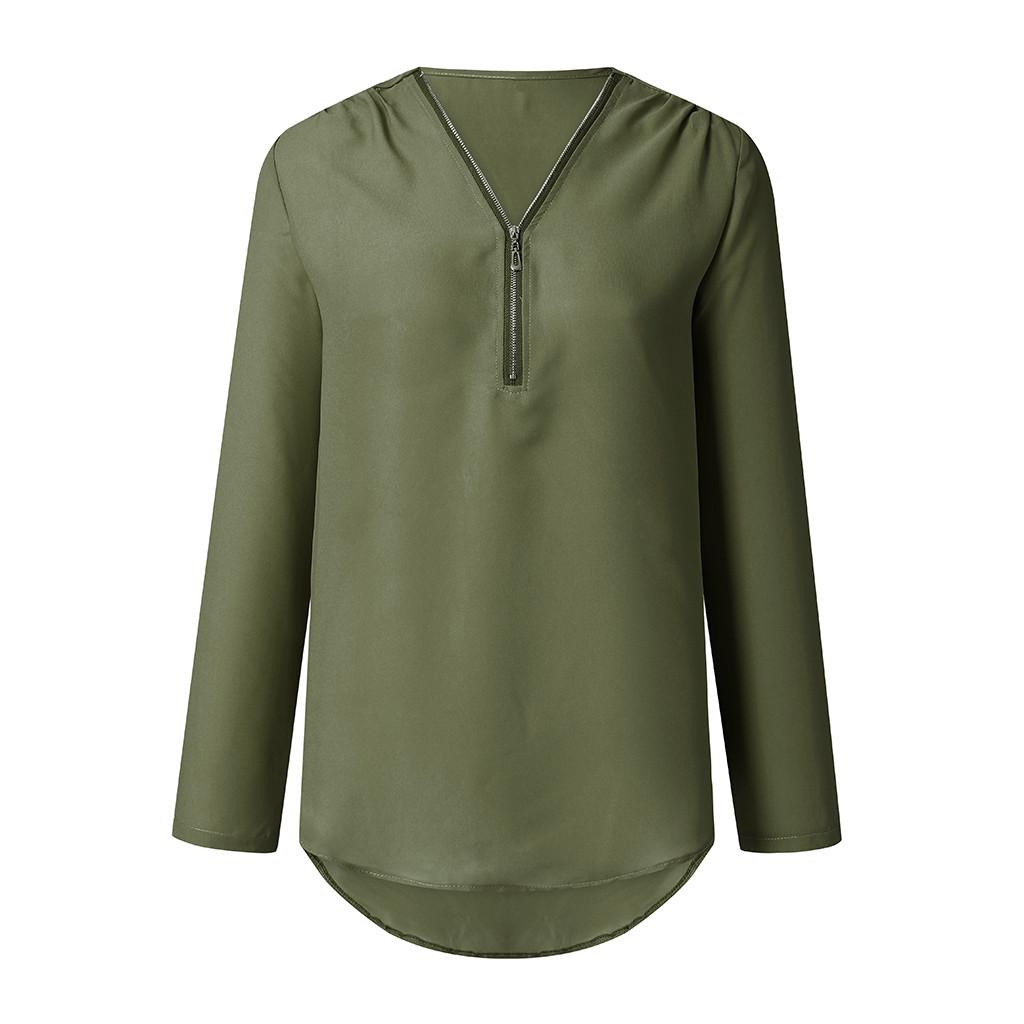 Women Ladies Zipper Button Long Sleeves Loose Chiffon Shirt Clothing