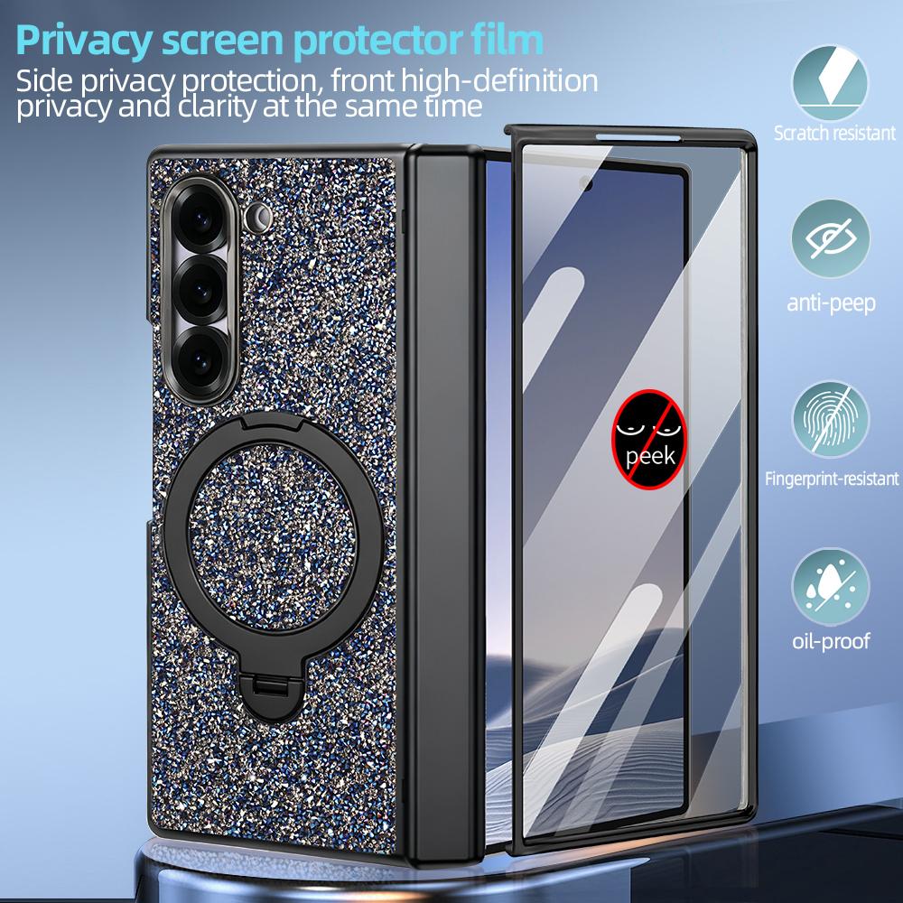 Luxury Girls Glitter Bling Faux Leather Plating Phone Case For Galaxy Z Fold 7/6 With Rotatable Holder, Anti-peeping Glass Film