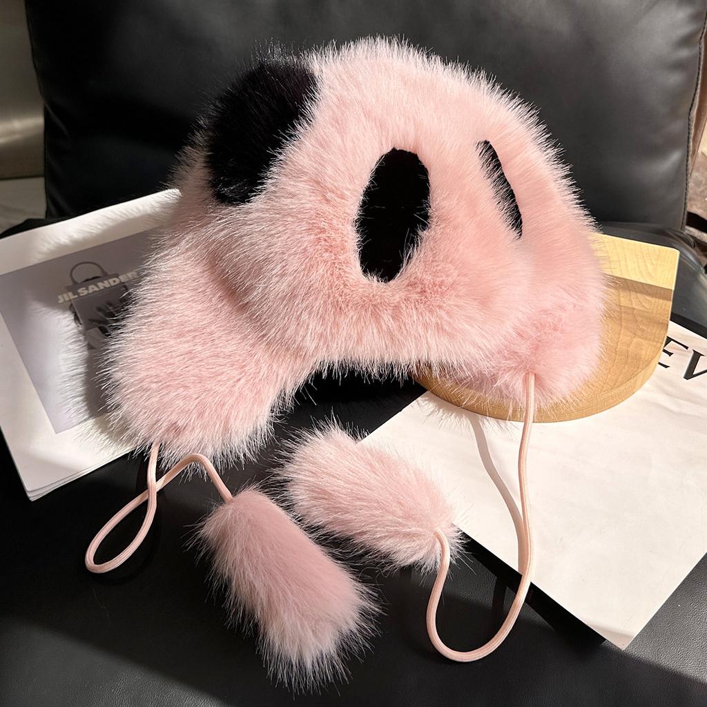 Pălărie drăguță de iarnă, imitație de păr de vulpe, pălărie cu panda roșie, călărie caldă, rezistentă la vânt, geantă părinte-copil, pălărie lei Feng, femeie