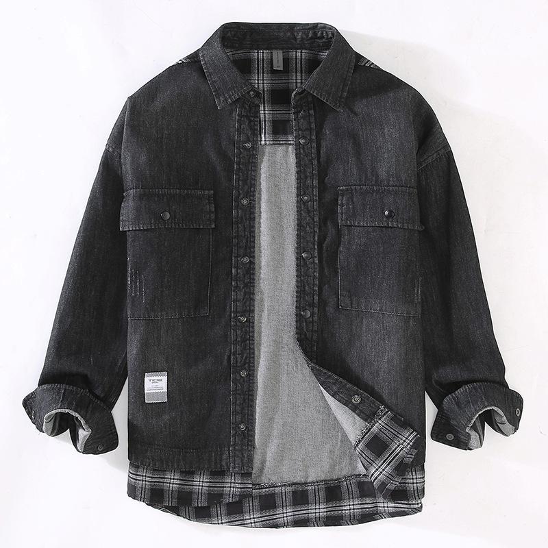 Frühlings-/Herbst-Freizeit-Denimhemden aus reiner Baumwolle für Herren Streetwear Zwei gefälschte Teile Karopatchwork Lockere Hemden Gewaschenes schwarzes Jeanshemd