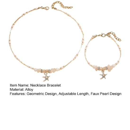 2Pcs/Set Women Necklace Bracelet Faux Pearl Decor Geometric Design Adjustable Length Rose Golden