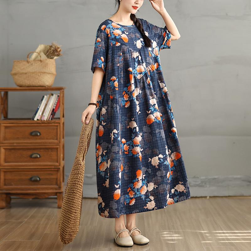 DIMANAF 2025 Women Plus Size Spring Summer Dress Casual Floral Dress Basic Vintage Loose Long Dress Maxi 9299
