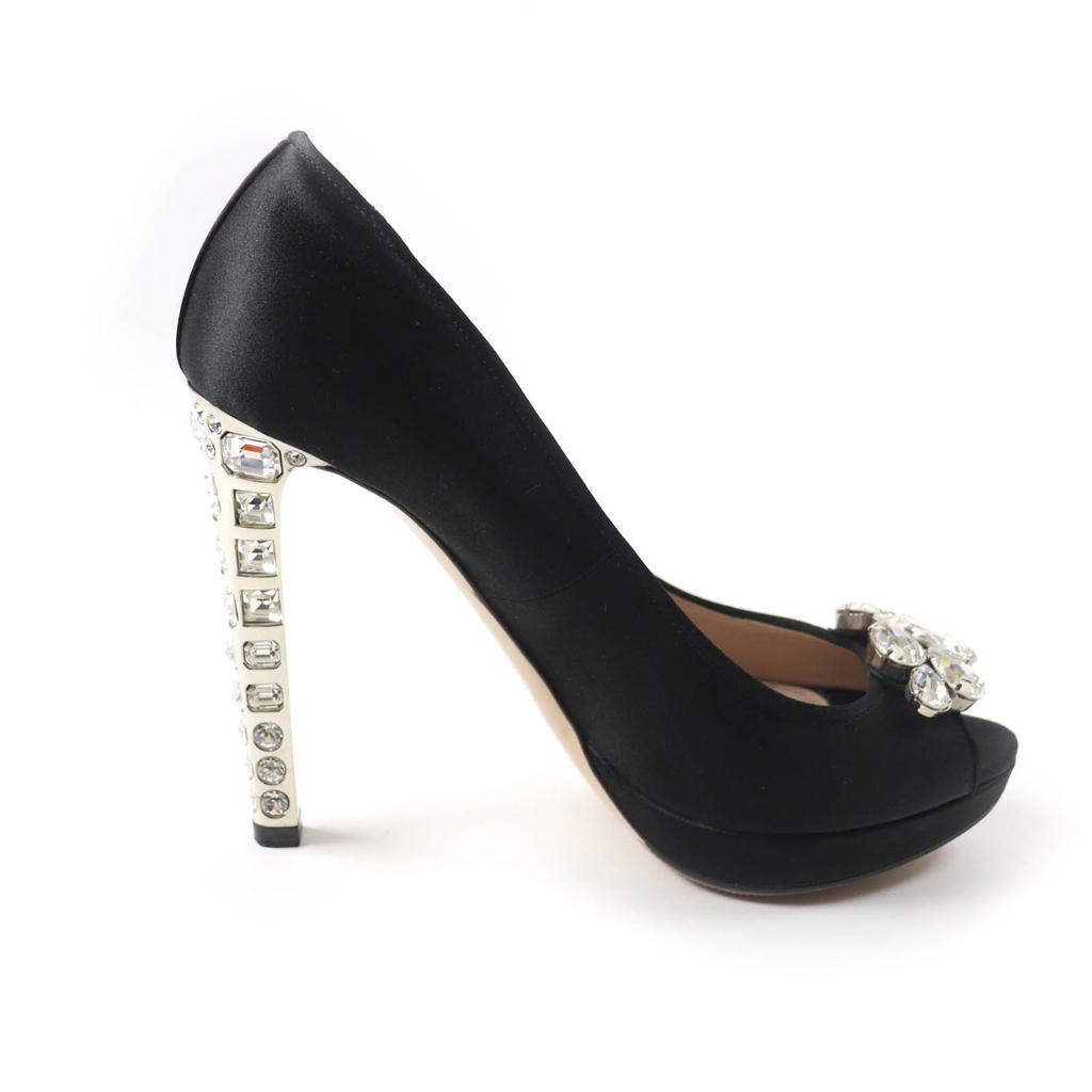 Tolle MIUMIU Pumps Offene Zehenpartie mit Kristallschmuck Schwarz Satin Damen 37 Gebraucht