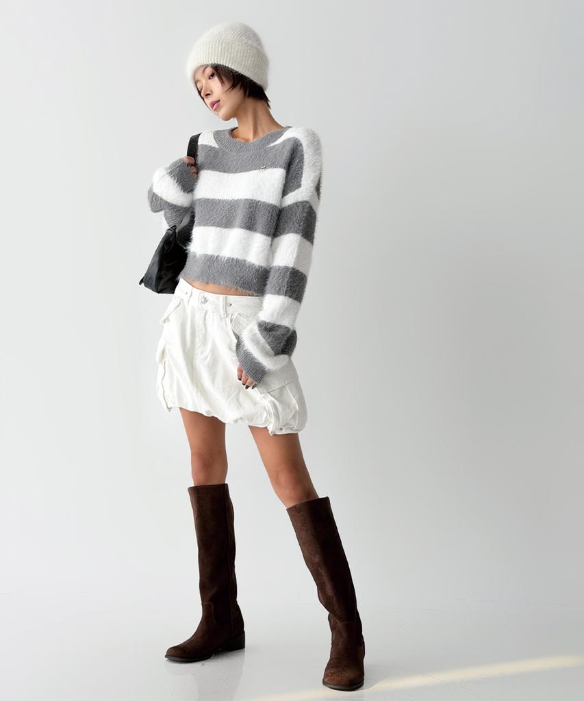 THE GREEN LAB Hairy Block Stripe Crop Knit [Gray]