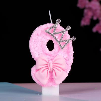 0-9 Pink Number Crown Bow Birthday Candle with Drip-Prevention Tray for Birthday Party Wedding Anniversary Cake Decoration