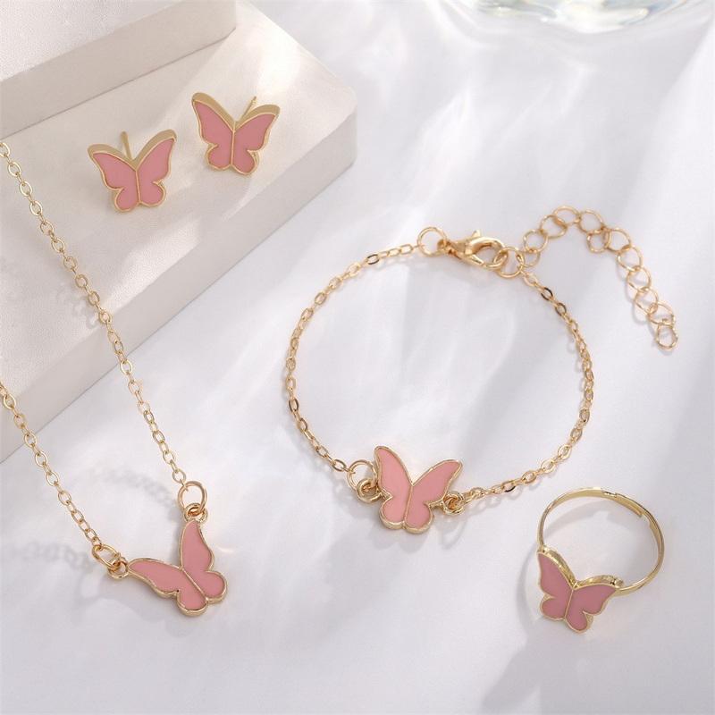 5 PCS Enamel Colorful Butterfly Pendant Bracelet Earrings for Women Girls Romantic Chain Necklace Wedding Party Jewelry Set